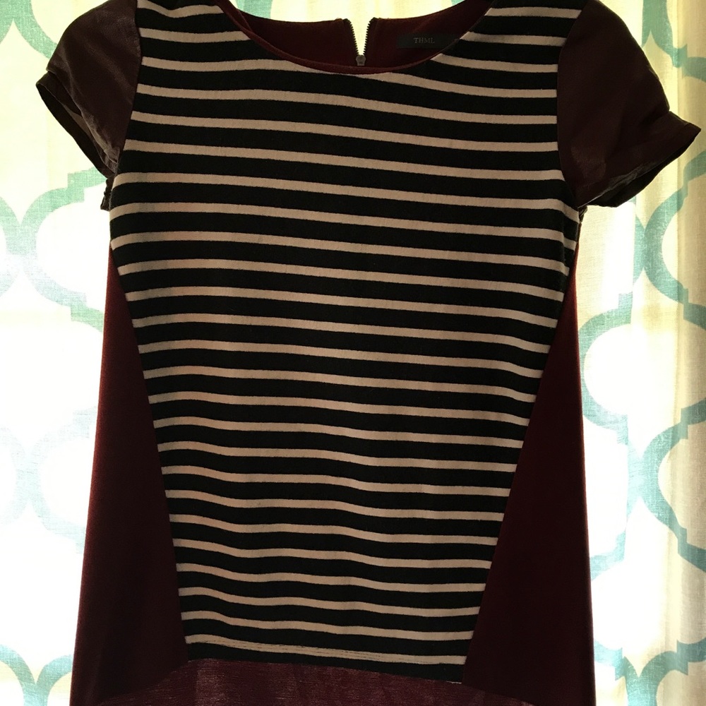 Maroon, black, white top